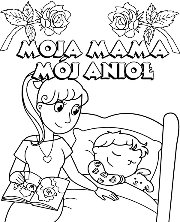 Kolorowanka online: Kolorowanka mama czytająca książkę na dobranoc